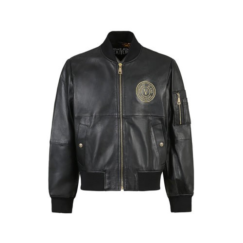 【服装】VERSACE JEANS COUTURE/VERSACE JEANS COUTURE 男士V字徽标刺绣复古拉链短款皮衣夹克 76GAVP06 CPPS3